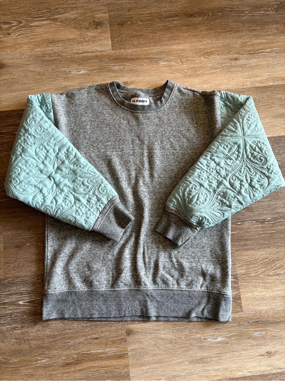 Upcycled Old Navy Men's Gray Crewneck Sweatshirt Modified with Quilted Sleeves